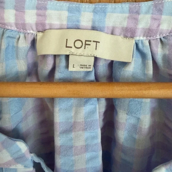 LOFT Blue & Lavender Pastel Gingham Tie-Neck Puff Sleeve Blouse Women’s Size L - Picture 7 of 11